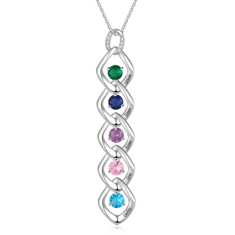 Acheter En Ligne Collier Pendentif 5 Prénoms Personnalisés avec Pierre de naissance pour Femmes