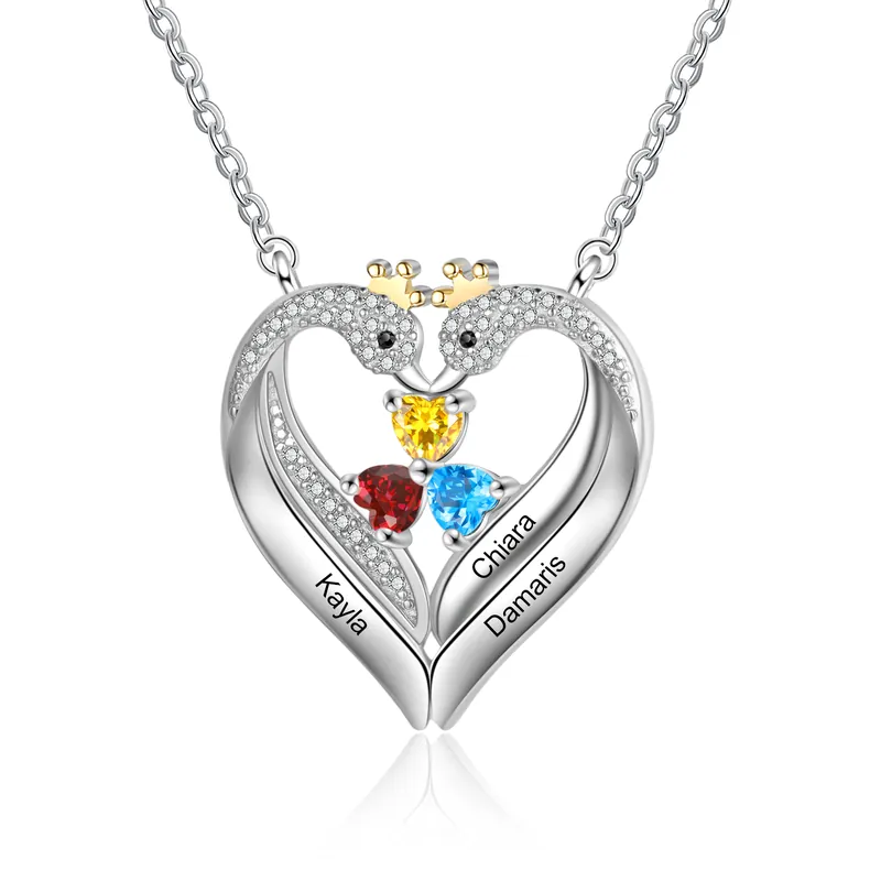 En Vogue Collier Cœur et cygne 3 Prénom Personnalisé Pendentifavec 3 Pierre de Naissance