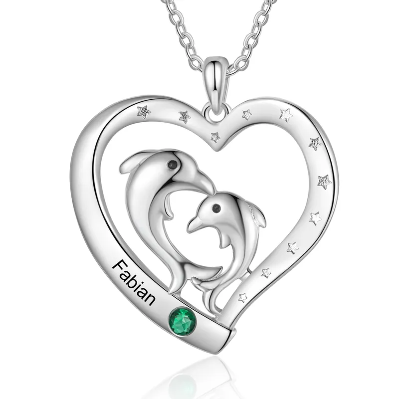Collier Pendentif Cœur et Dauphin 1 Prénom Personnalisé avec 1 Pierre de Naissance Acheter Direct