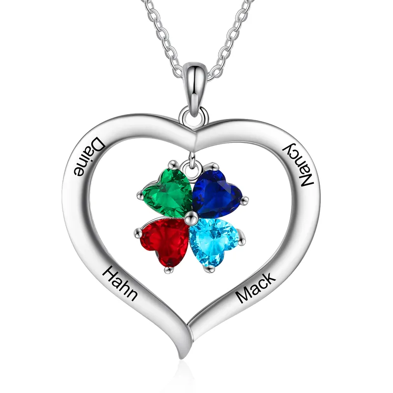 Collier 4 Prénom Personnalisé Pendentif Cœur avec 4 Pierre de Naissance Offre Spéciale
