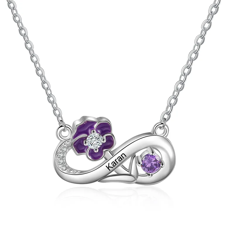 Février-Collier Infini prénom personnalisé avec pierre de naissance fleur de naissance Offre Limitée