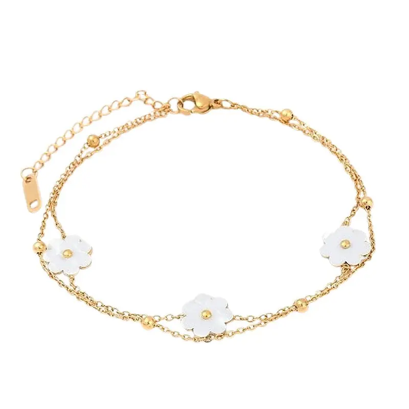 Meilleur Choix Bracelet fin en acier inoxydable double chaine 3 fleurs blanches