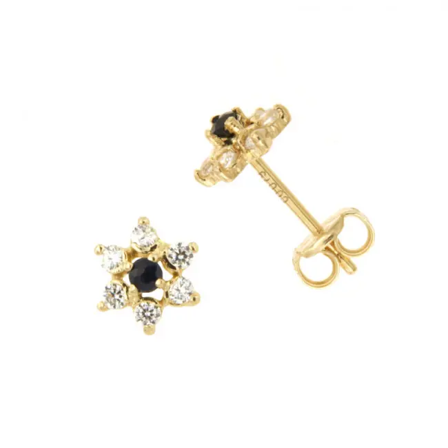 Prix Cassé Boucles d'oreilles FLEUR Saphir & Oxyde Or 375°°° - POUSSETTE