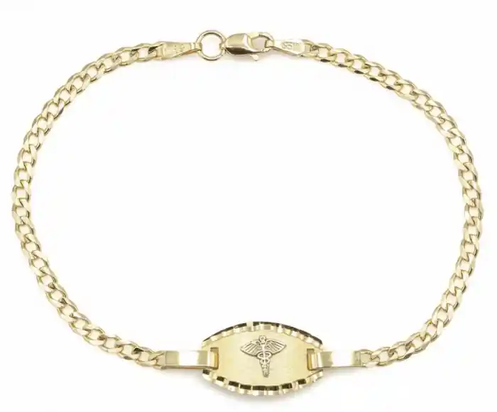 Bon Plan Caduros – Bracelet médical unisexe gourmette avec plaque ovale en or jaune 10k