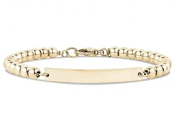 Prix Bas Bracelet ARZ Steel Billes polies et plaque identité à personnaliser en acier inoxydable plaqué or jaune pour femme