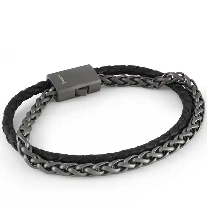 Paiement Sécurisé Asten – Bracelet pour homme en cuir noir et chaîne blé en acier inoxydable gris canon pour homme