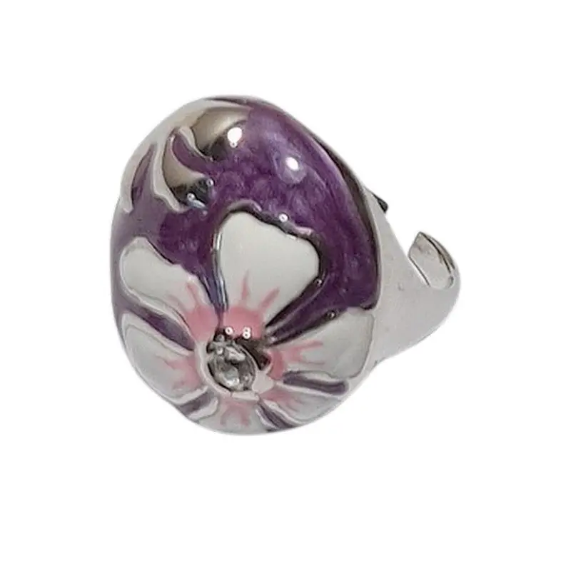Dernière Chance Bague acier inoxydable émail mauve et blanc fleur