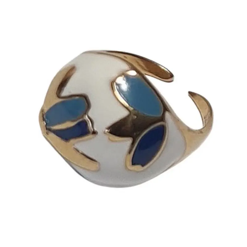 Paiement Sécurisé Bague acier inoxydable doré émail bleu et blanc fleur
