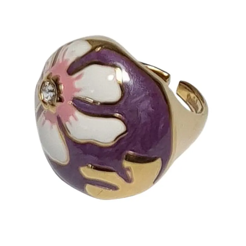 Bague acier inoxydable doré émail mauve et blanc fleur Quantité Limitée