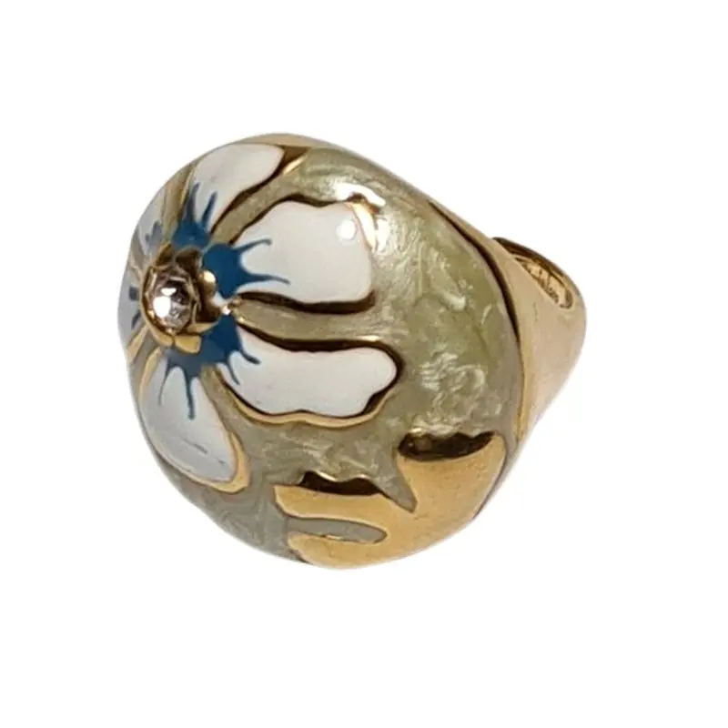 Top Qualité Bague acier inoxydable doré émail vert et blanc fleur