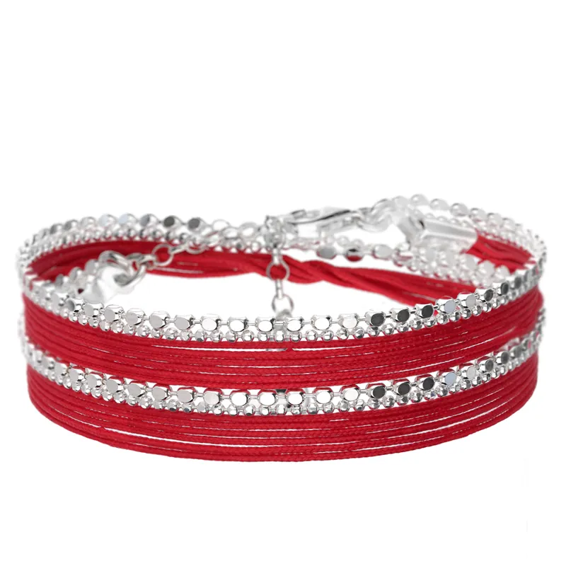 Vente Directe BRACELET MULTI-TOURS CORDONS ROUGES CHAÎNES DIAMANTÉES OSLO