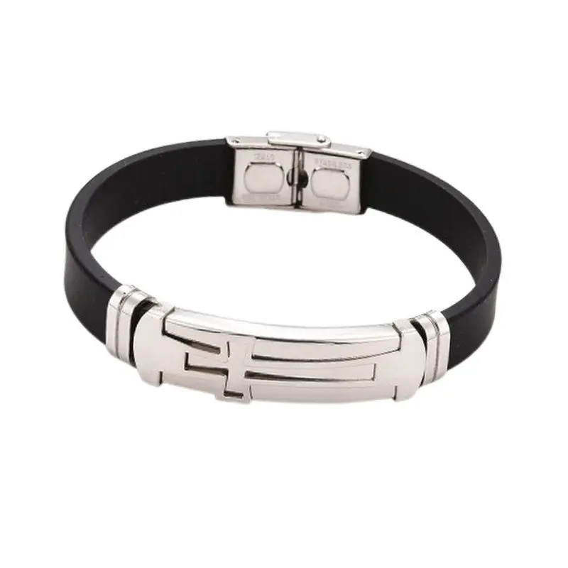 Marque Bracelet acier inoxydable cuir noir croix