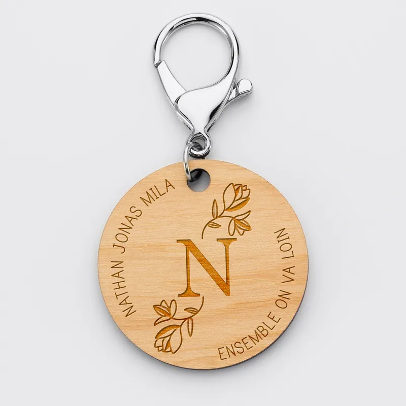 Porte-clés personnalisé médaille gravée bois ronde 50mm Initiale Florale Prix Bas