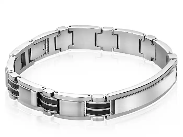 Promotion Bracelet Italgem identité avec plaque satiné en acier inoxydable et plaquage à l'ion noir pour homme