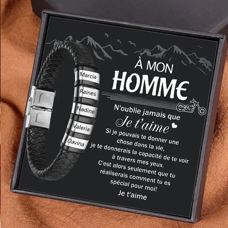 À mon Homme - Bracelet Cuir tressé 5 Prénoms Personnalisés Bracelet Homme Dernier Modèle
