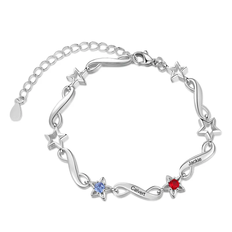 Bracelet infini à Breloque 2 Prénom Personnalisé avec 2 Pierre de Naissance Premium