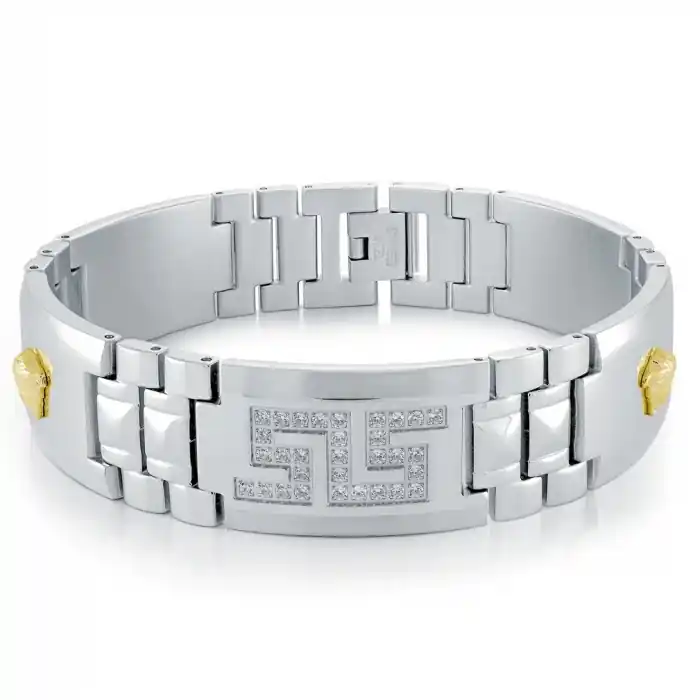 Retour Gratuit Bracelet Thanos motif clé grecque versace pavé de zircons et tête de méduse en acier inoxydable deux tons pour homme