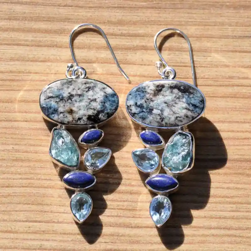 Remise Boucles d'oreilles argent avec 6 pierres en Jaspe Lapis Topaze bleue