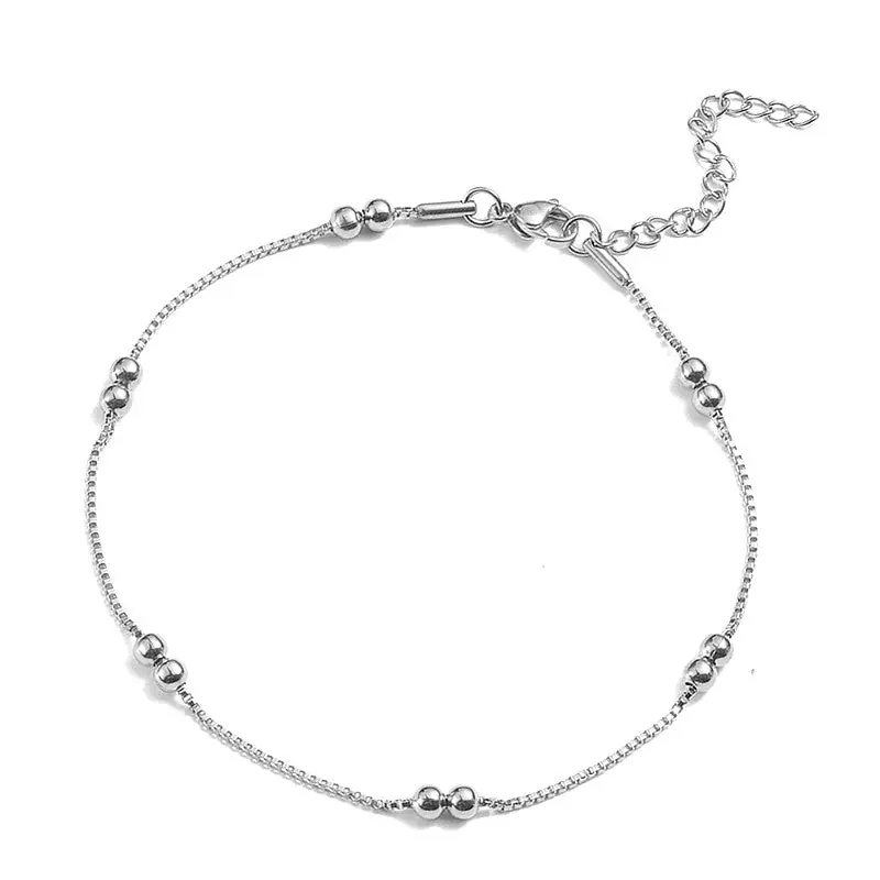 Chaîne de cheville acier inoxydable argenté avec perles rondes Super Prix