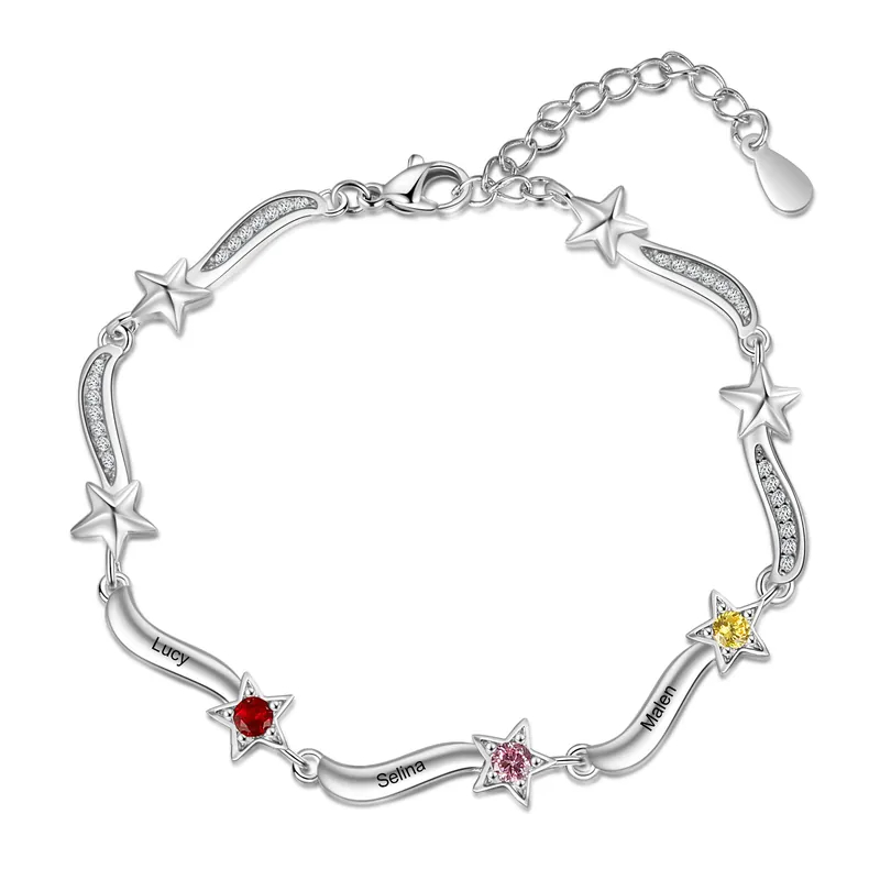 Bracelet étoile 3 Prénom Personnalisé avec 3 Pierre de Naissance Retour Gratuit