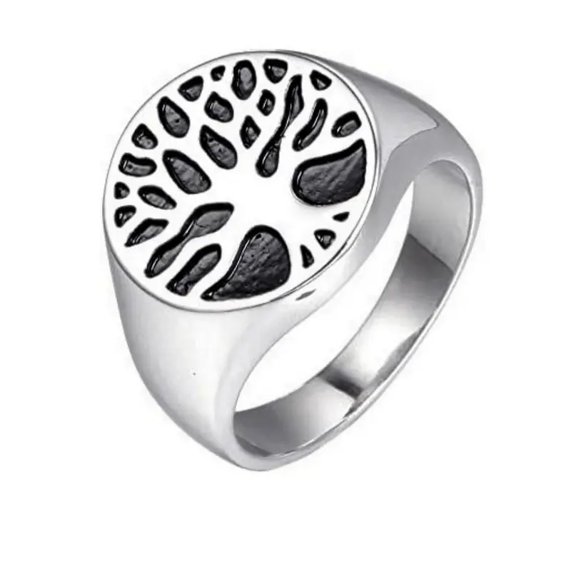 Top Qualité Bague acier inoxydable chevalière argentée arbre de vie