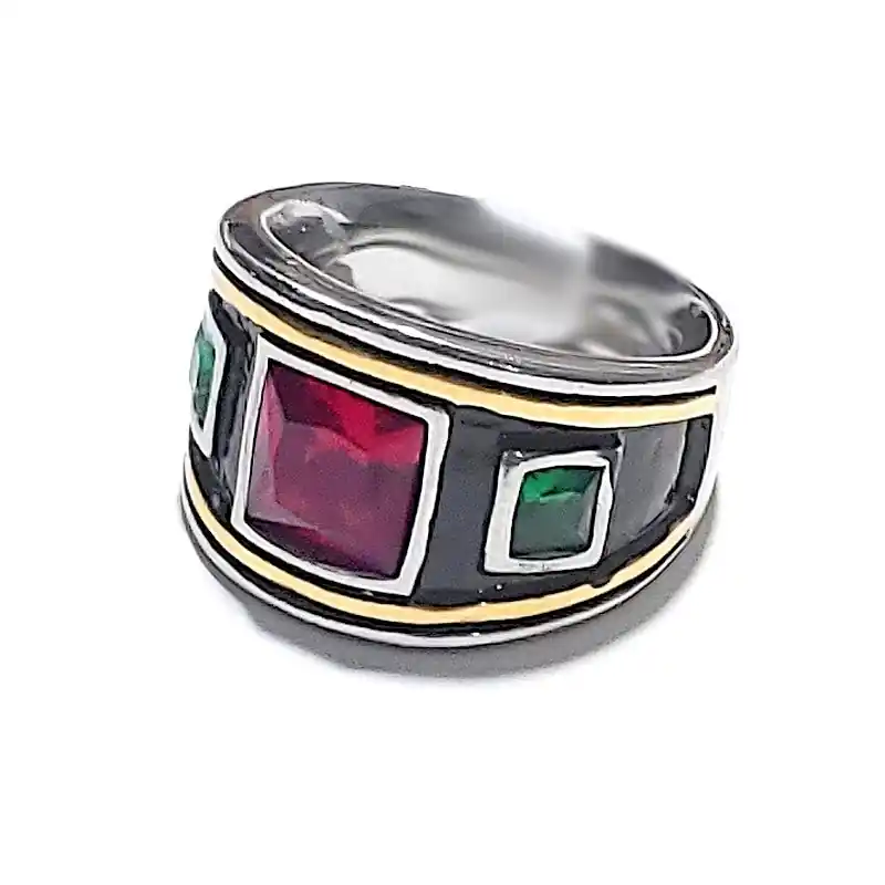Prix Cassé Bague acier inoxydable chevalière argentée rouge et verte