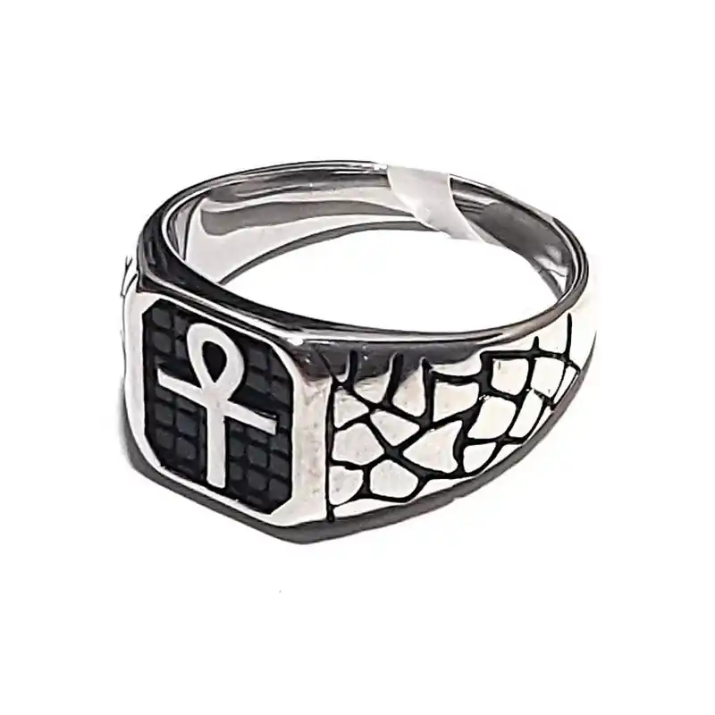 Promotion Bague acier inoxydable chevalière argentée croix