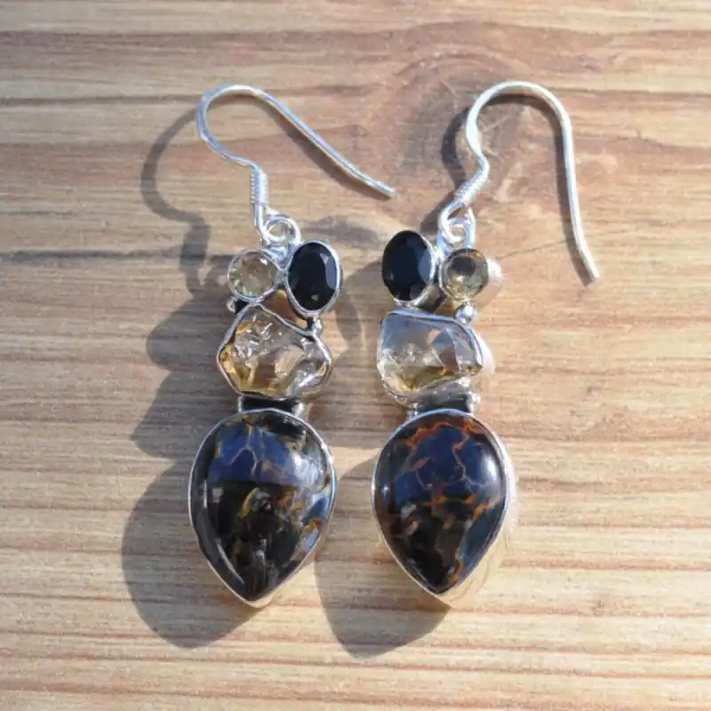 Acheter Direct Boucles d'oreilles argent avec 4 pierres en PIETERSITE Citrine Onyx noir (brun)