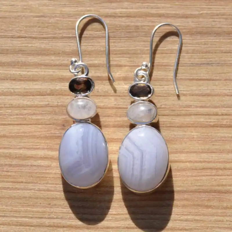 Boucles d'oreilles argent avec 3 pierres en AGATE rubanee Pierre de lune Quartz fume (bleu) Certifié