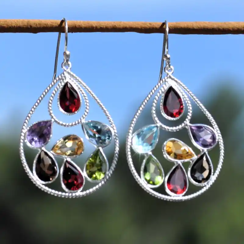 Original Grandes boucles goutte argent et 7 pierres multicolores