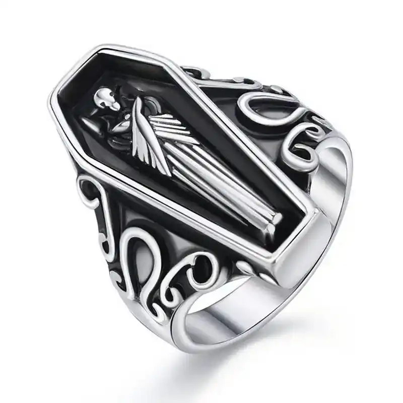 Commande En Gros Bague acier inoxydable chevalière argenté cercueil