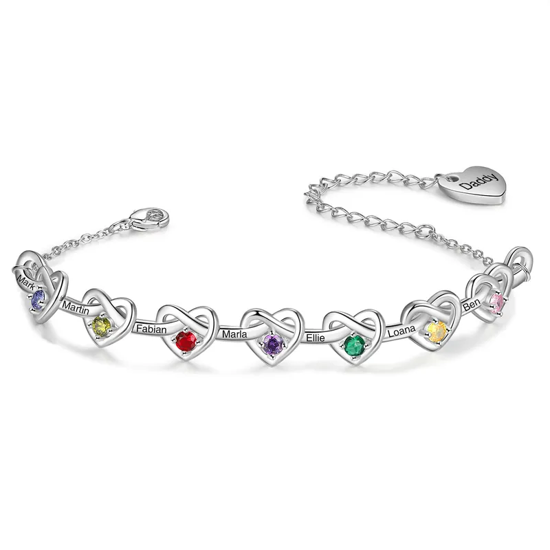 Bracelet Cœur 7 Prénoms et 1 Texte Personnalisés avec 7 Pierres de Naissance pour Femme Must-Have