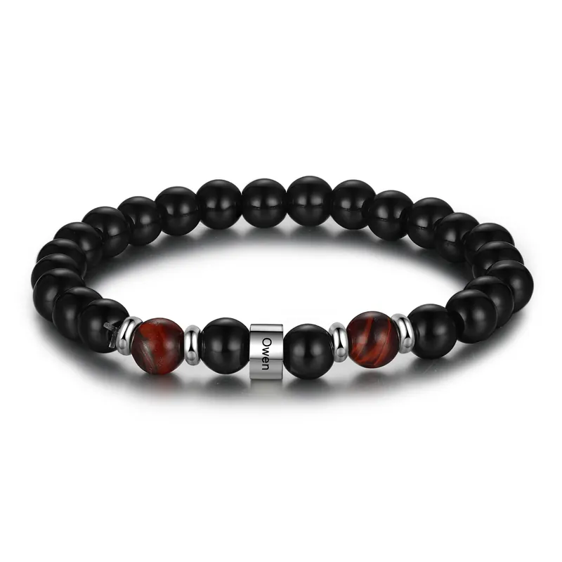 Bracelet 1 Prénom Personnalisé Agate noire et Oeil de tigre rouge Bracelet Homme Dernier Modèle