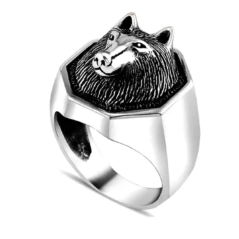 Meilleur Choix Bague acier inoxydable chevalière argenté tête de loup