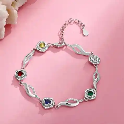 Réduction Bracelet Roses 4 Prénom Personnalisé avec 4 Pierre de Naissance