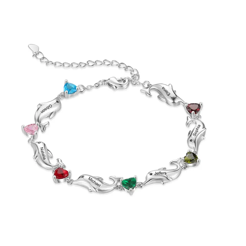 Bracelet dauphin 6 Prénoms Personnalisé avec 6 Pierres de Naissance Réduction