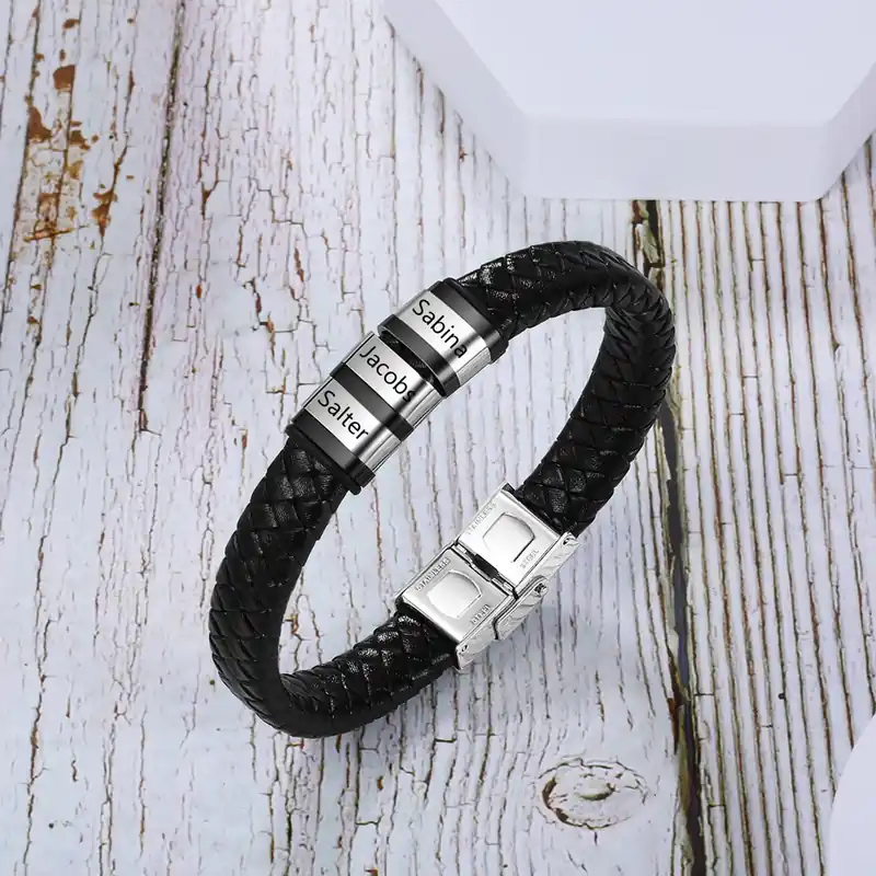 Bracelet Cuir tressé Prénom Personnalisé Bracelet Homme Avec 3 Perles Artisanat