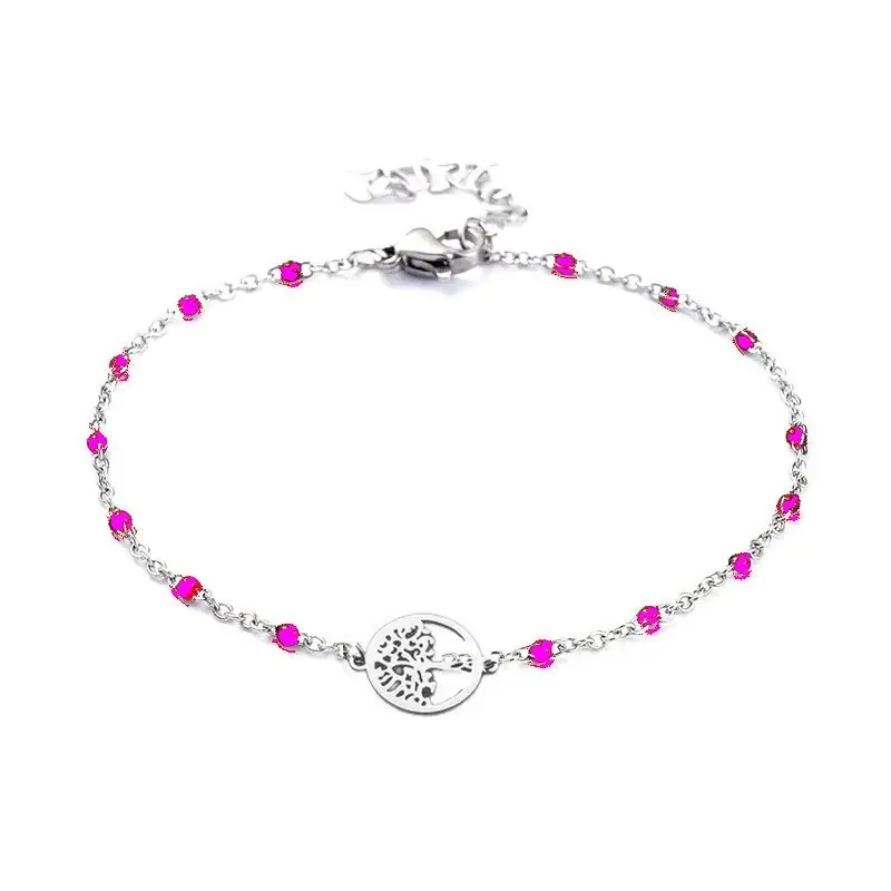 Bracelet acier inoxydable maille forçat fushia arbre de vie Nouveauté