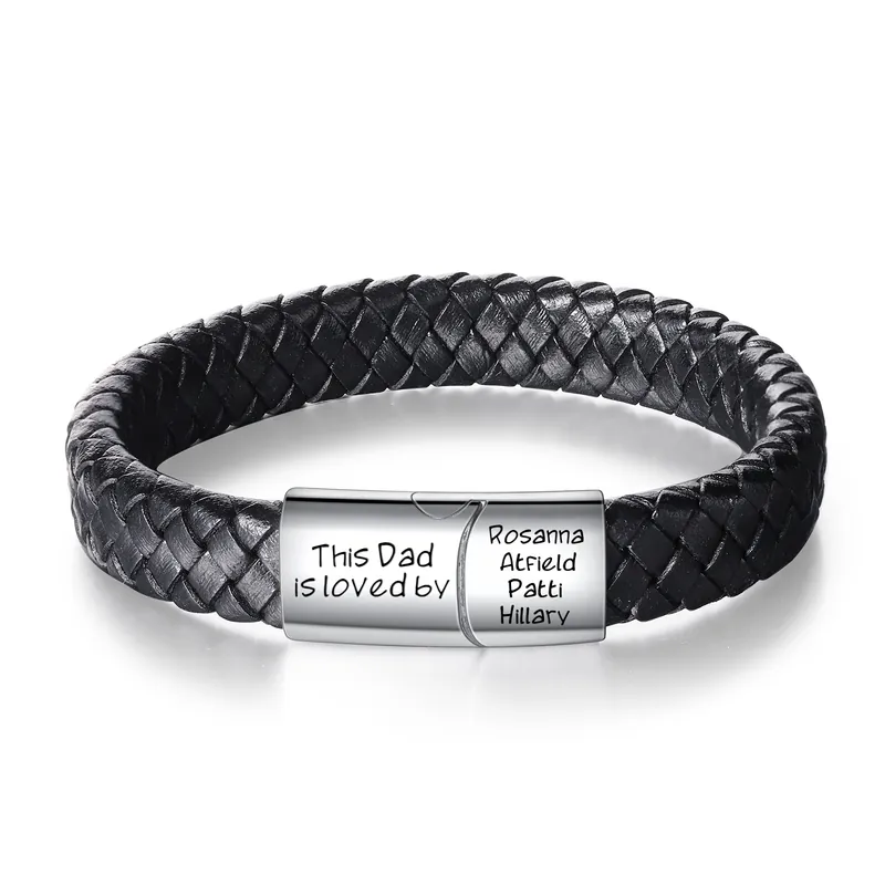 Bracelet en Cuir 4 Prénoms Personnalisés avec Texte Fait Main