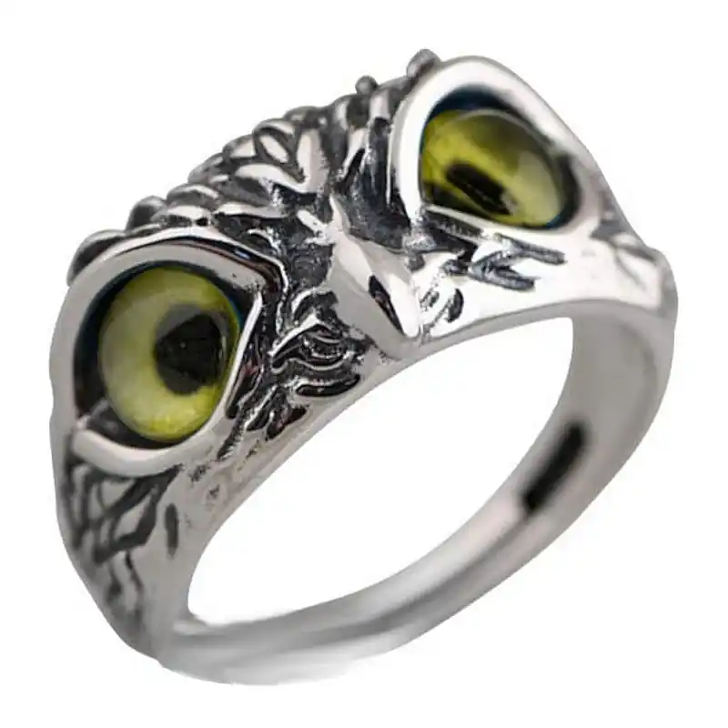 Bague acier inoxydable tête de hibou yeux jaune Bon Marché