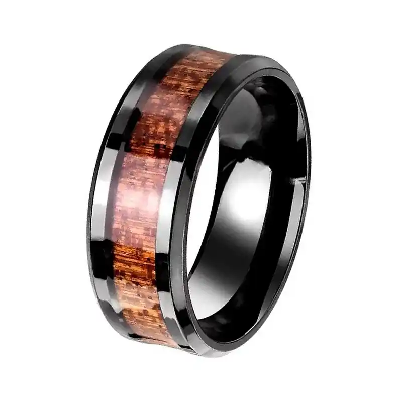 Bague acier inoxydable alliance noir bande centrale marron Affaire À Saisir