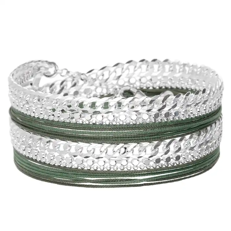BRACELET MULTI-TOURS CORDONS VERTS KAKI MAILLE ROCK MALMÖ Top Vente