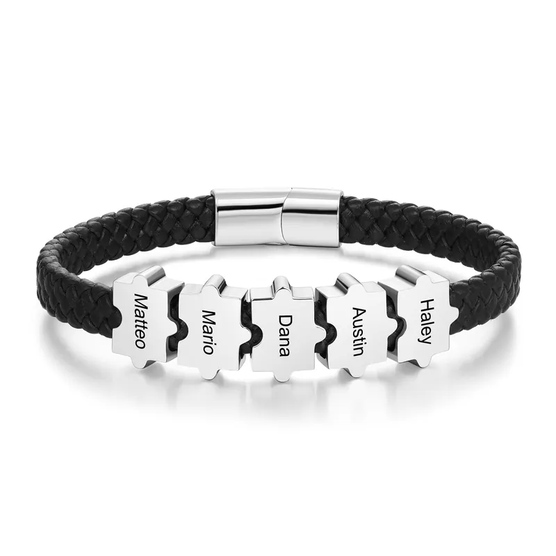 Bracelet Homme Pièces de Puzzle 5 Prénoms Personnalisés en Cuir Tressé Livraison Gratuite
