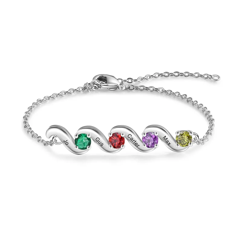 Bracelet 4 Prénoms Personnalisé avec 4 Pierres de Naissance Authentique