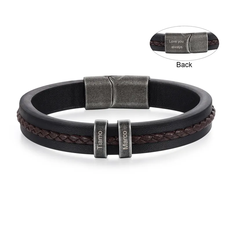 Solde À Mon Homme - Bracelet Cuir Pour Hommes 2 Prénoms Personnalisés avec Texte