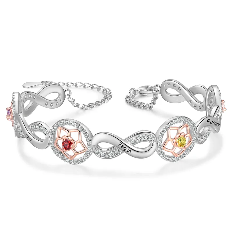 Meilleure Qualité Bracelet Infini Fleurs 5 Prénoms Personnalisés avec 4 Pierres de Naissance pour Femme