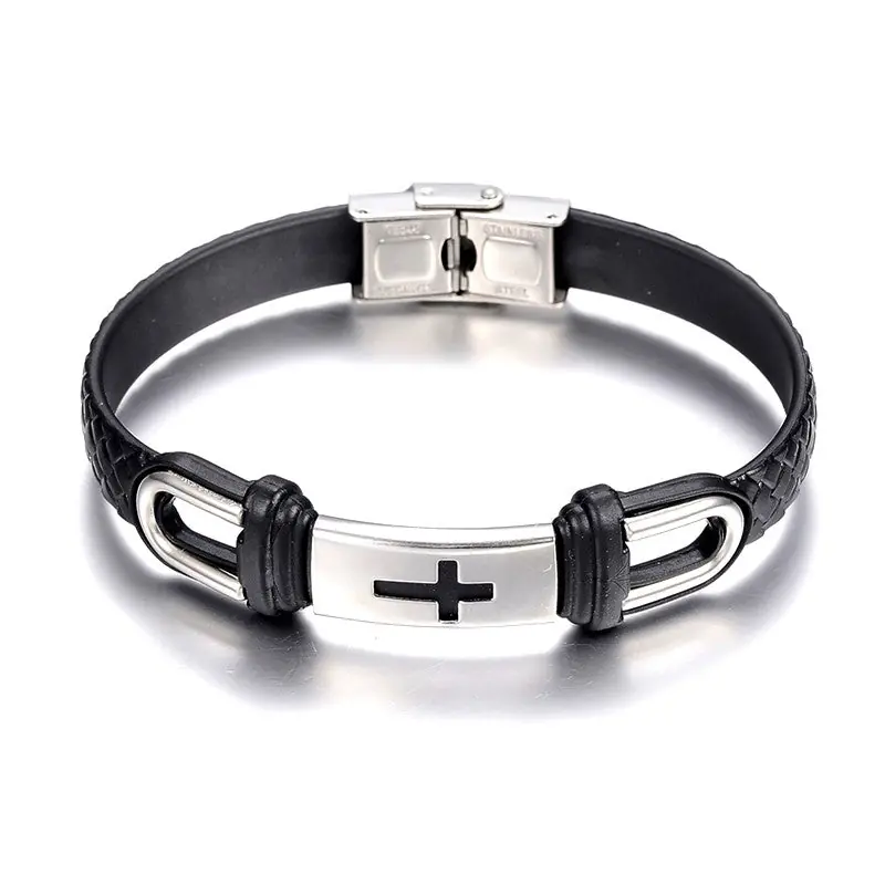Premium Bracelet acier inoxydable cuir croix religieuse