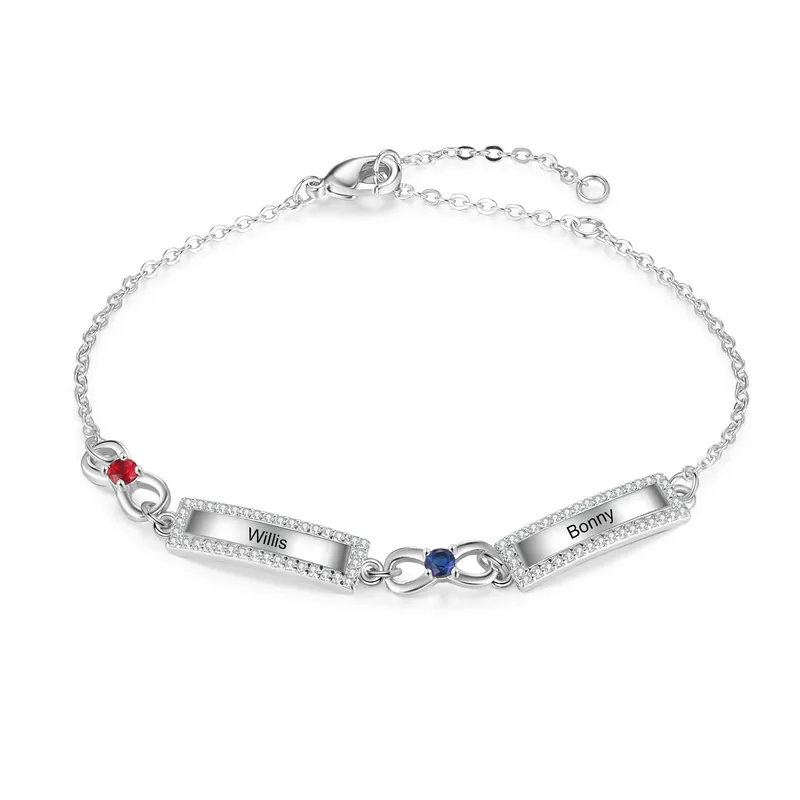 Bracelet 2 Prénoms Personnalisé avec 2 Pierres de Naissance Tendance