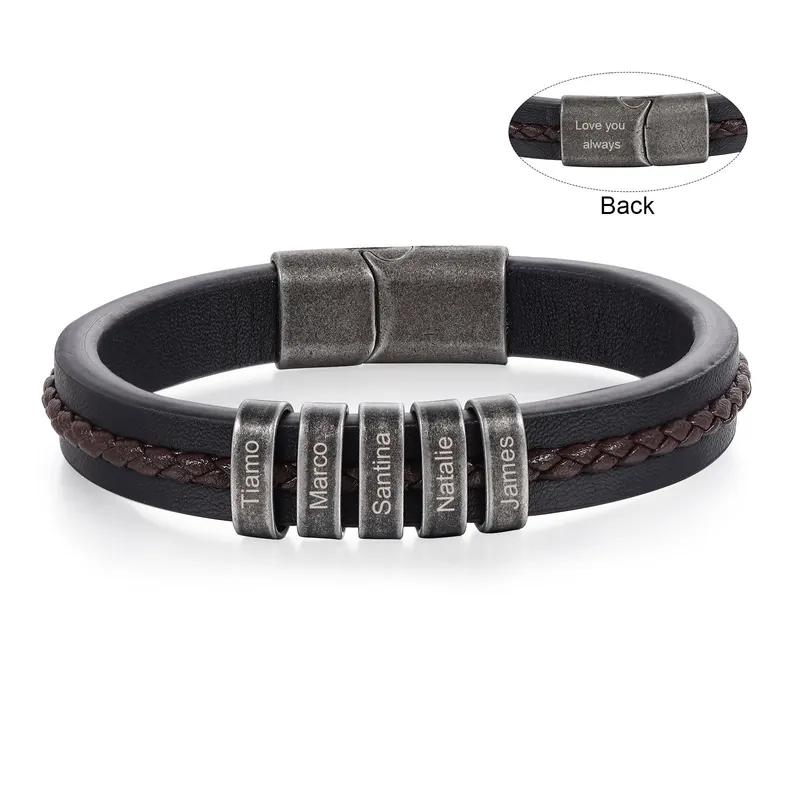 Super Prix Bracelet Cuir Pour Hommes 5 Prénoms Personnalisés avec Texte