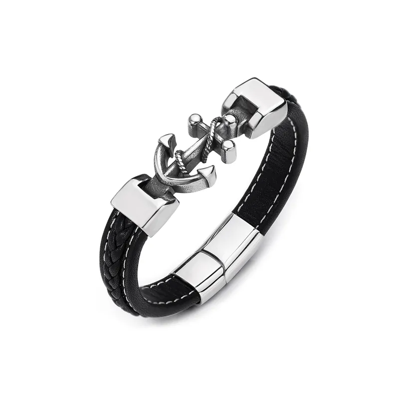 Bracelet Homme Ancre En Cuir Noir Offre Limitée